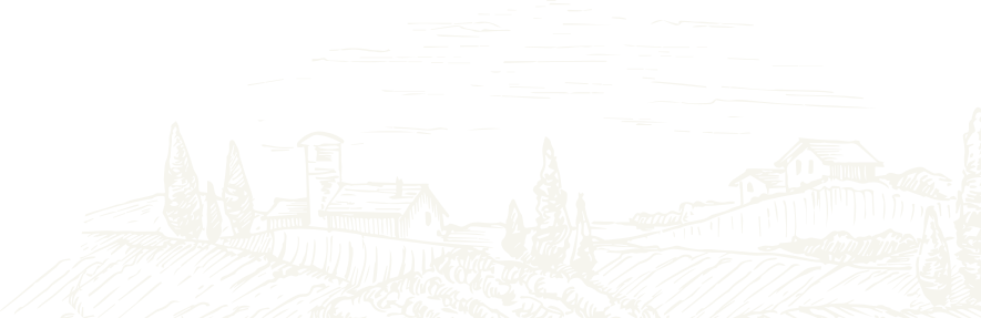 Sketch of a rural village with rolling hills and trees under a cloudy sky.