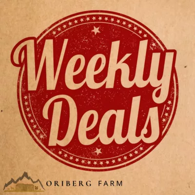 Weekly Deals graphic for Oriberg Farm, featuring red oval with text and mountain logo.