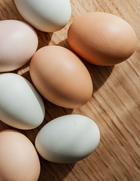 Assortment of brown and white eggs on a wooden surface