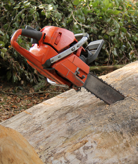 Orange chainsaw cutting into a large log