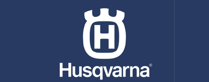 Husqvarna logo, a white 'H' inside a crown, on a dark blue background.
