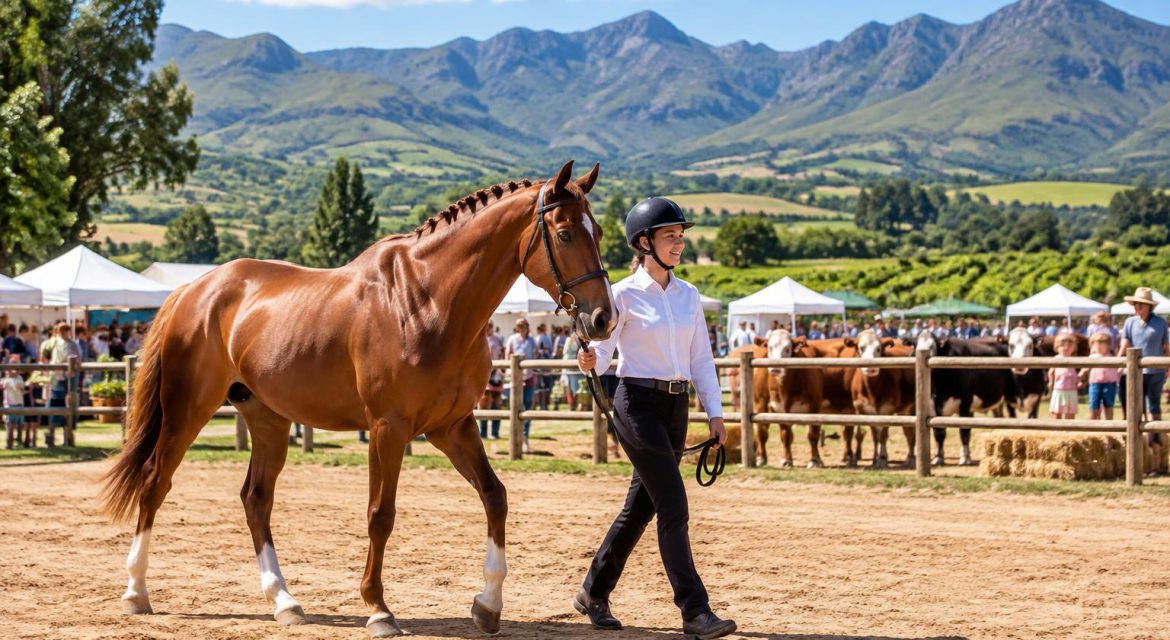 Woman leading a chestnut horse at the Villiersdorp Skou with mountains in background for skou countdown