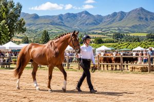 Woman leading a chestnut horse at the Villiersdorp Skou with mountains in background for skou countdown