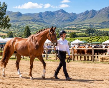 Woman leading a chestnut horse at the Villiersdorp Skou with mountains in background for skou countdown